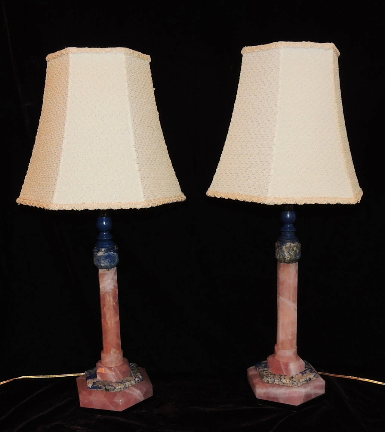 Fabulous Pair of Deco Rose Quartz Rock Crystal and Blue Lapis Candle Stick Lamps