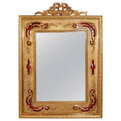 Beautiful French Bronze Bow-Top Picture Frame with Red Enamel Ormolu Inserts