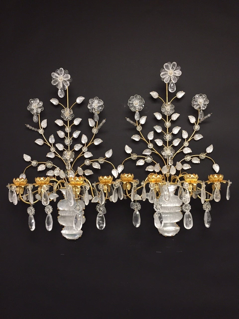 Italian Transitional Pair of Gilt Rock Crystal Baguès Flowers Candelabra Sconces