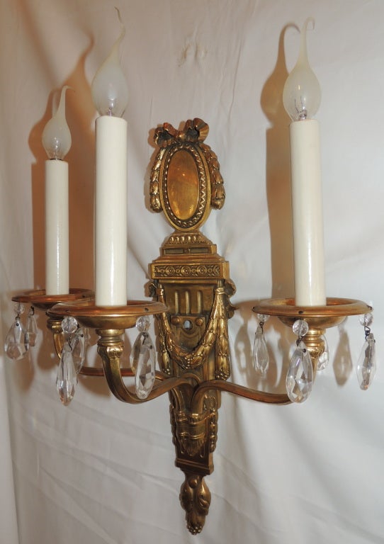 An Elegant Pair Of Caldwell Very Fine Dore Bronze & Crystal 3 Arm Sconces