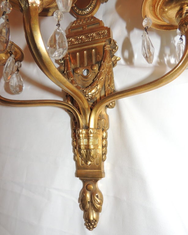 20th Century An Elegant Pair Of Caldwell Dore Bronze & Crystal 3 Arm Bow Top Sconces