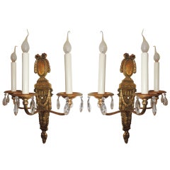 An Elegant Pair Of Caldwell Dore Bronze & Crystal 3 Arm Bow Top Sconces
