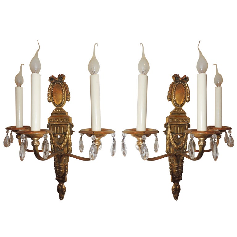 An Elegant Pair Of Caldwell Dore Bronze & Crystal 3 Arm Bow Top Sconces