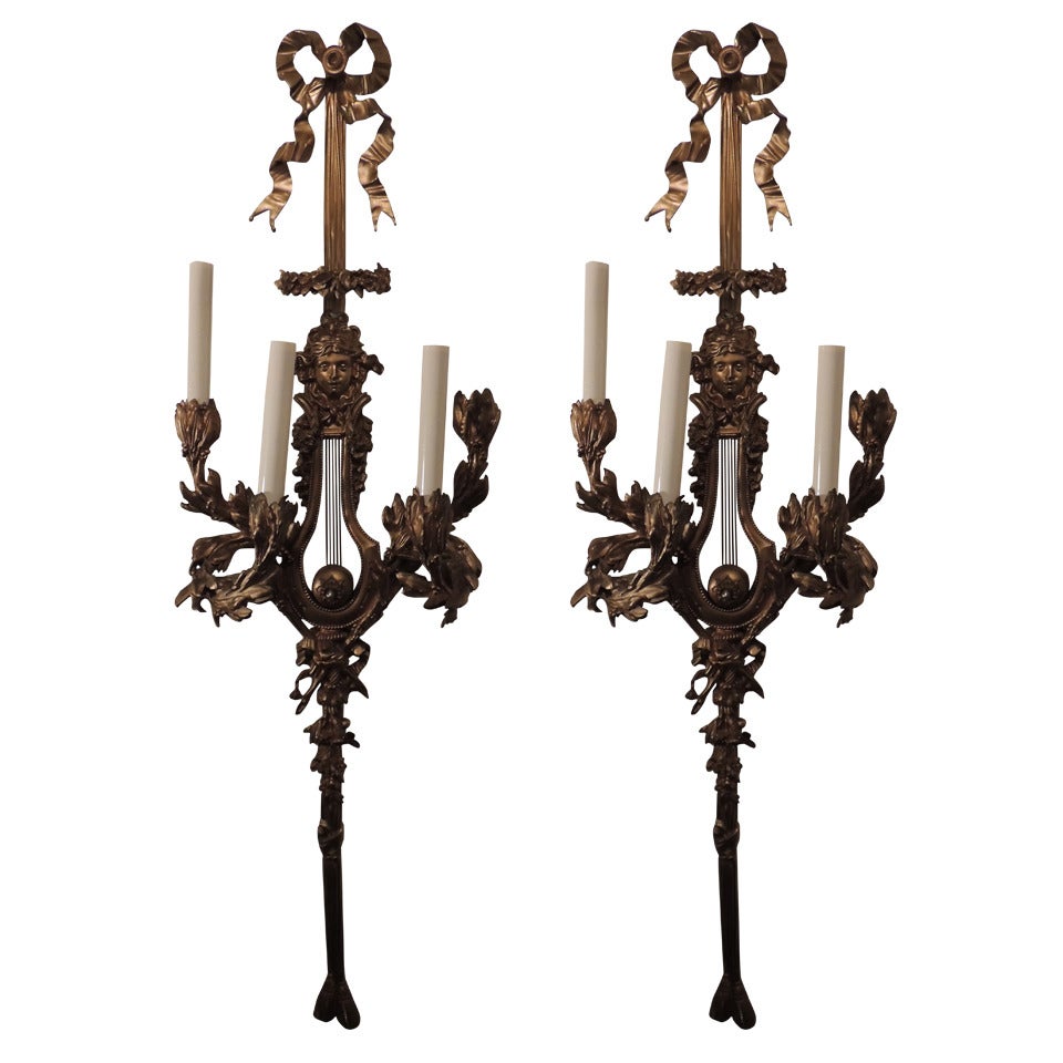 Large Pair of French Gilt Dore Bronze Figural Bow Top Four-Light Wall Sconces For Sale