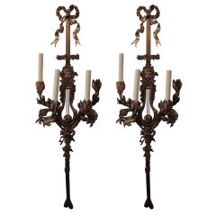Large Pair of French Gilt Dore Bronze Figural Bow Top Four-Light Wall Sconces