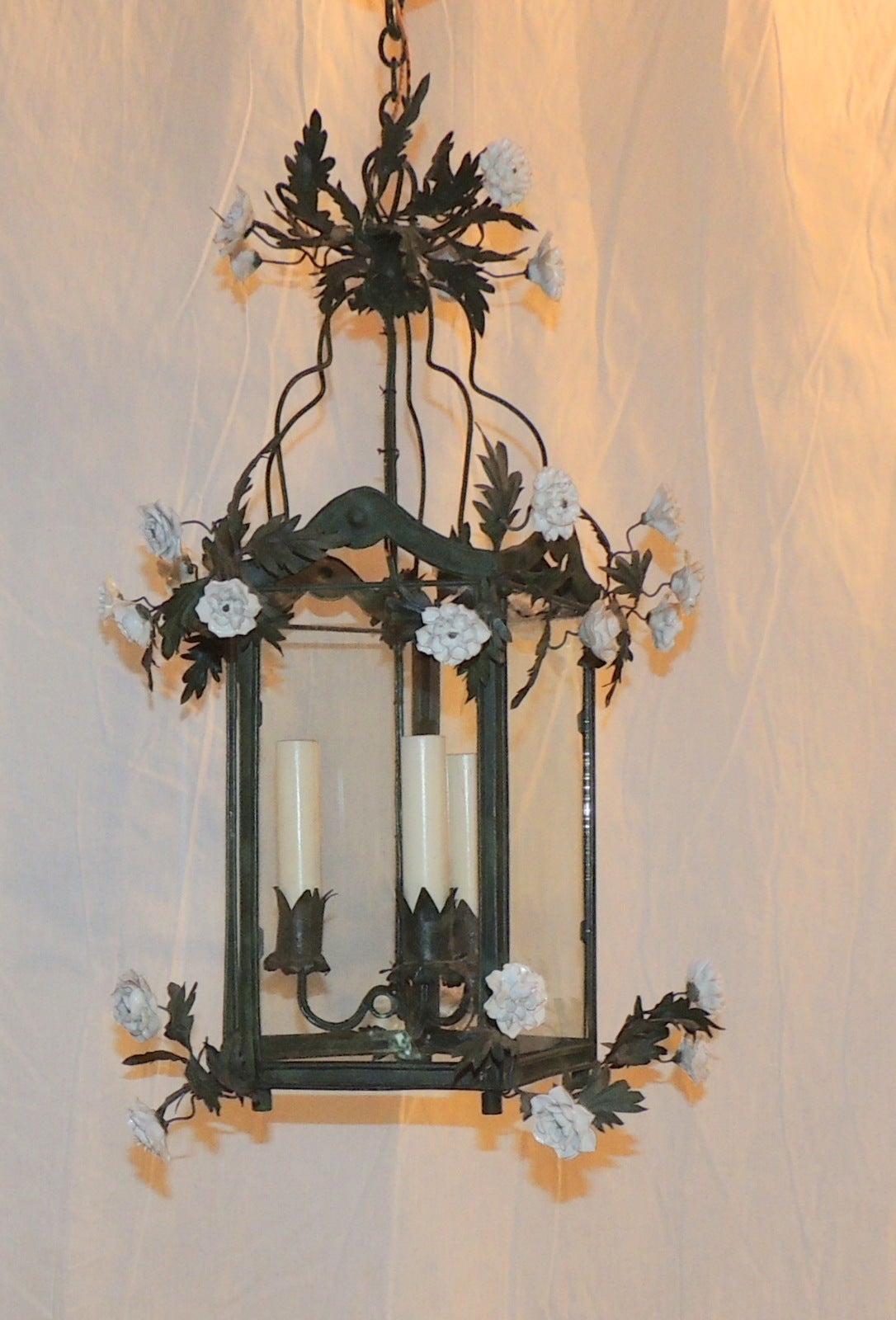 Belle Époque Wonderful French Green Tole Patina Lantern Three Lights and Porcelain Flowers