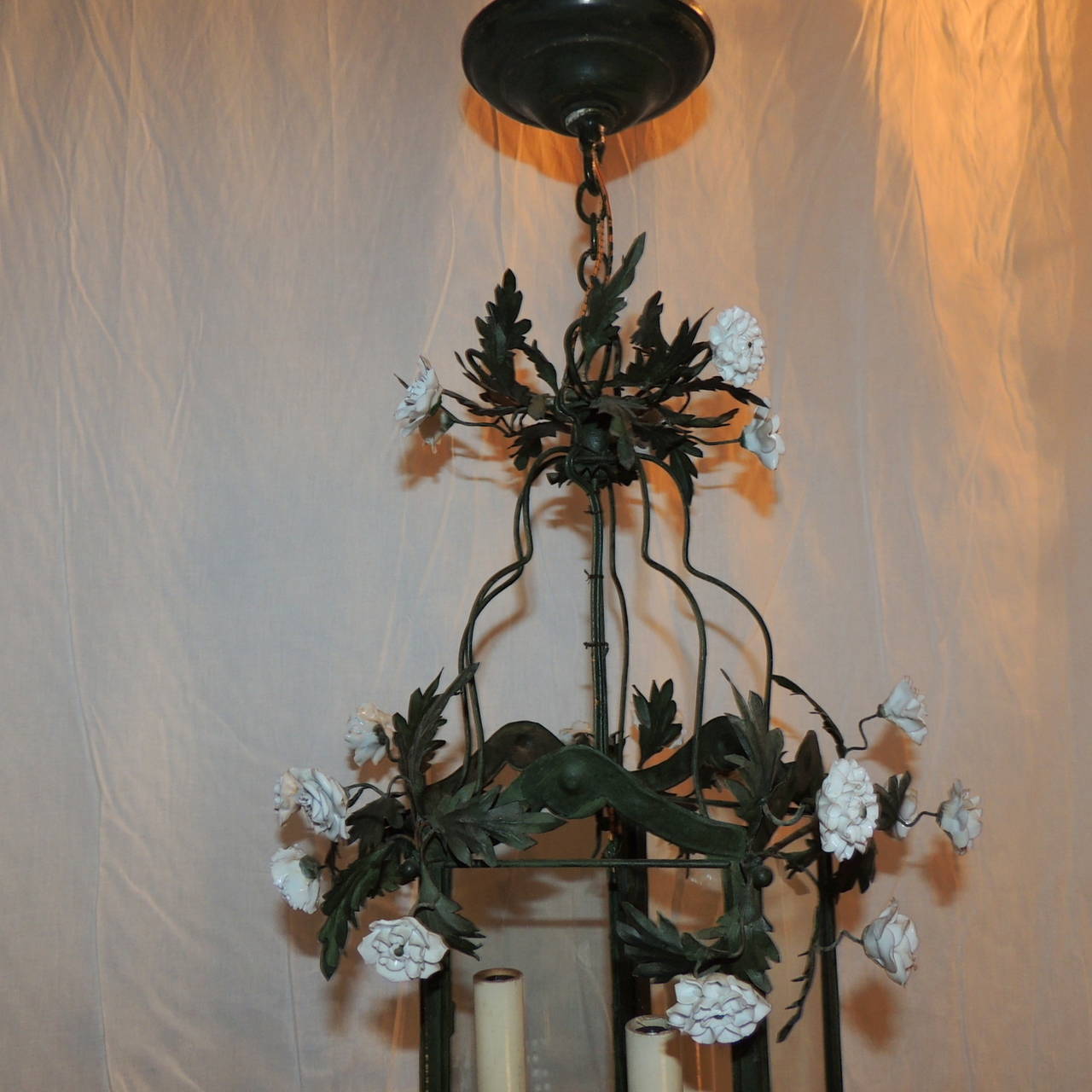 Gilt Wonderful French Green Tole Patina Lantern Three Lights and Porcelain Flowers