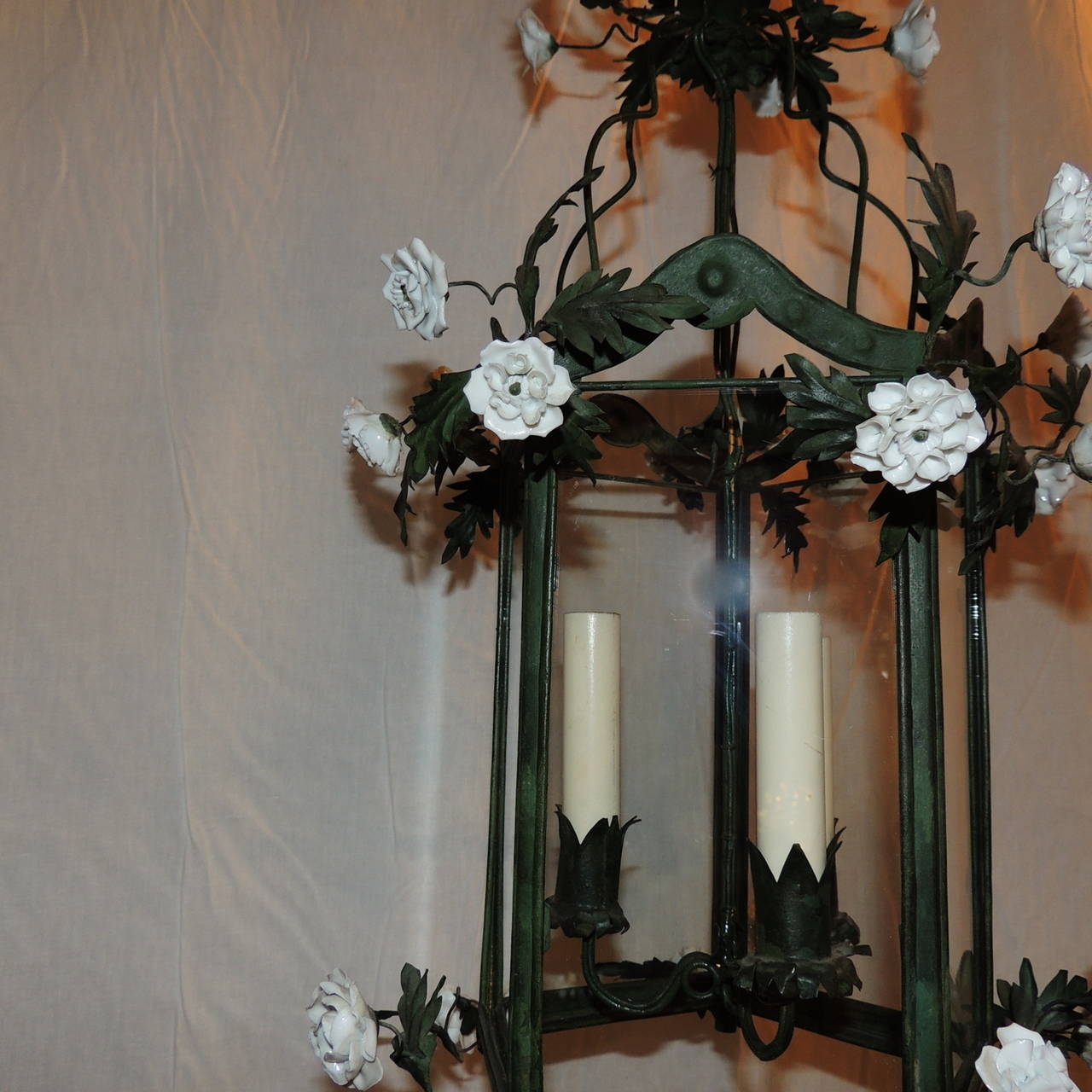 Wonderful French Green Tole Patina Lantern Three Lights and Porcelain Flowers In Good Condition In Roslyn, NY