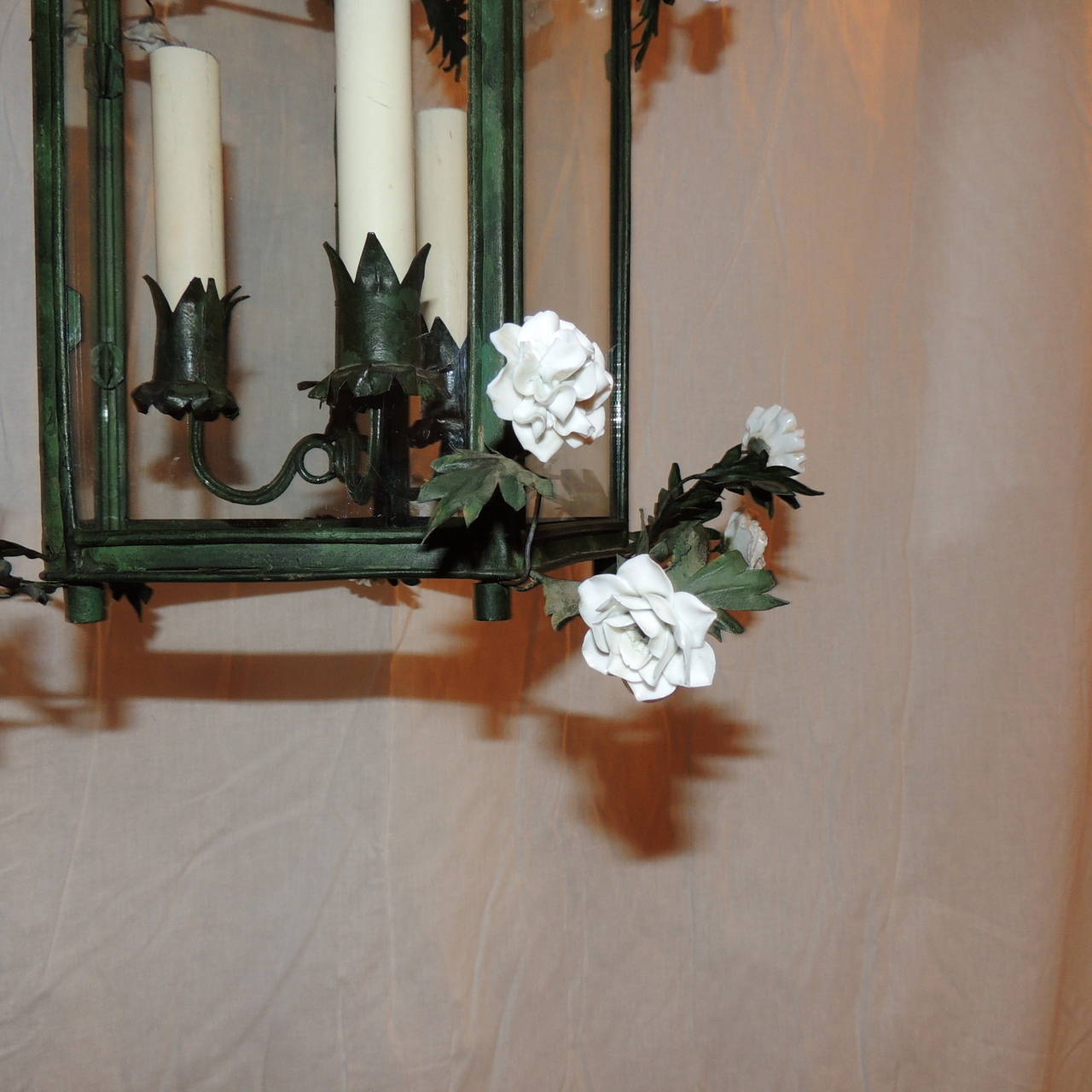 Mid-20th Century Wonderful French Green Tole Patina Lantern Three Lights and Porcelain Flowers