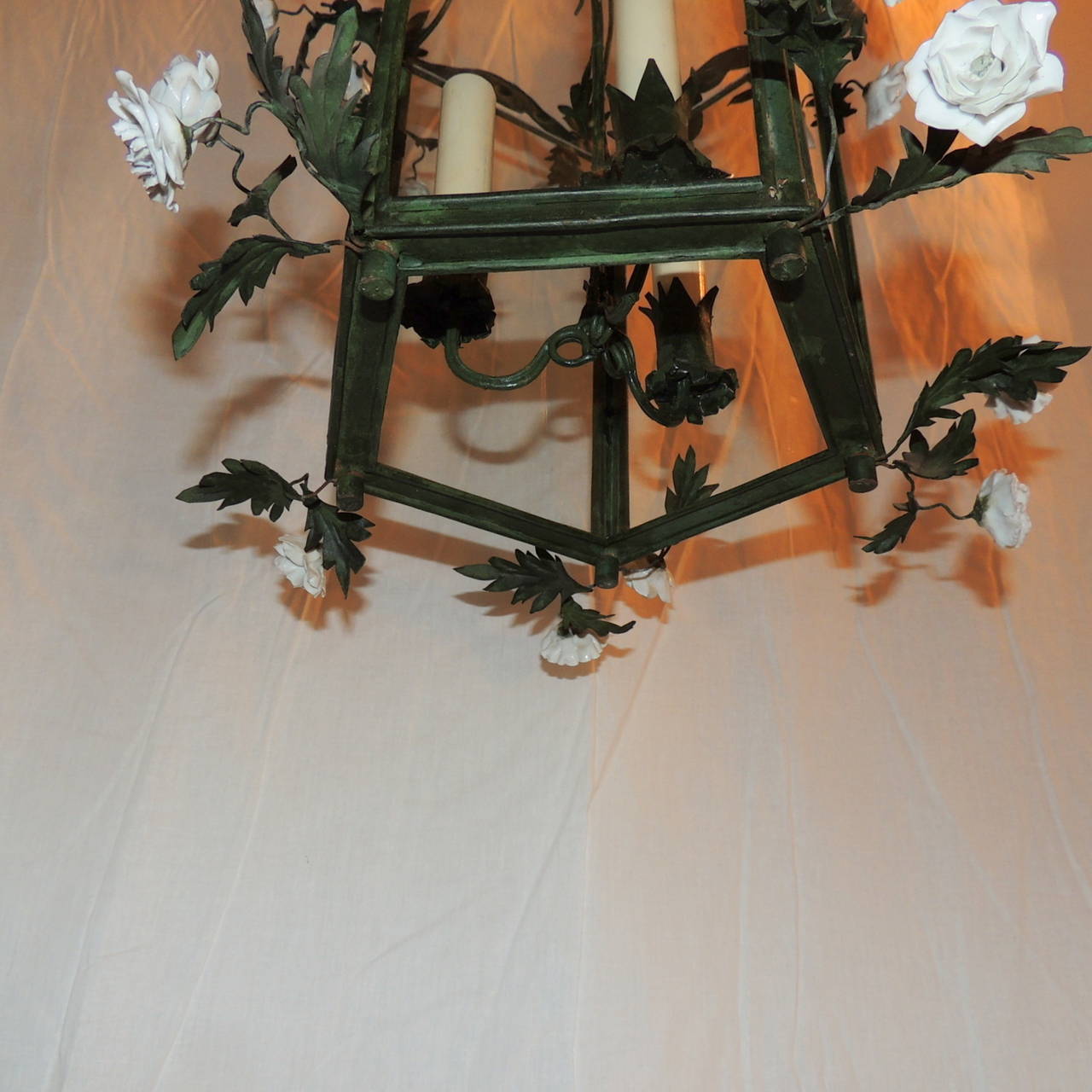 Wonderful French Green Tole Patina Lantern Three Lights and Porcelain Flowers 2