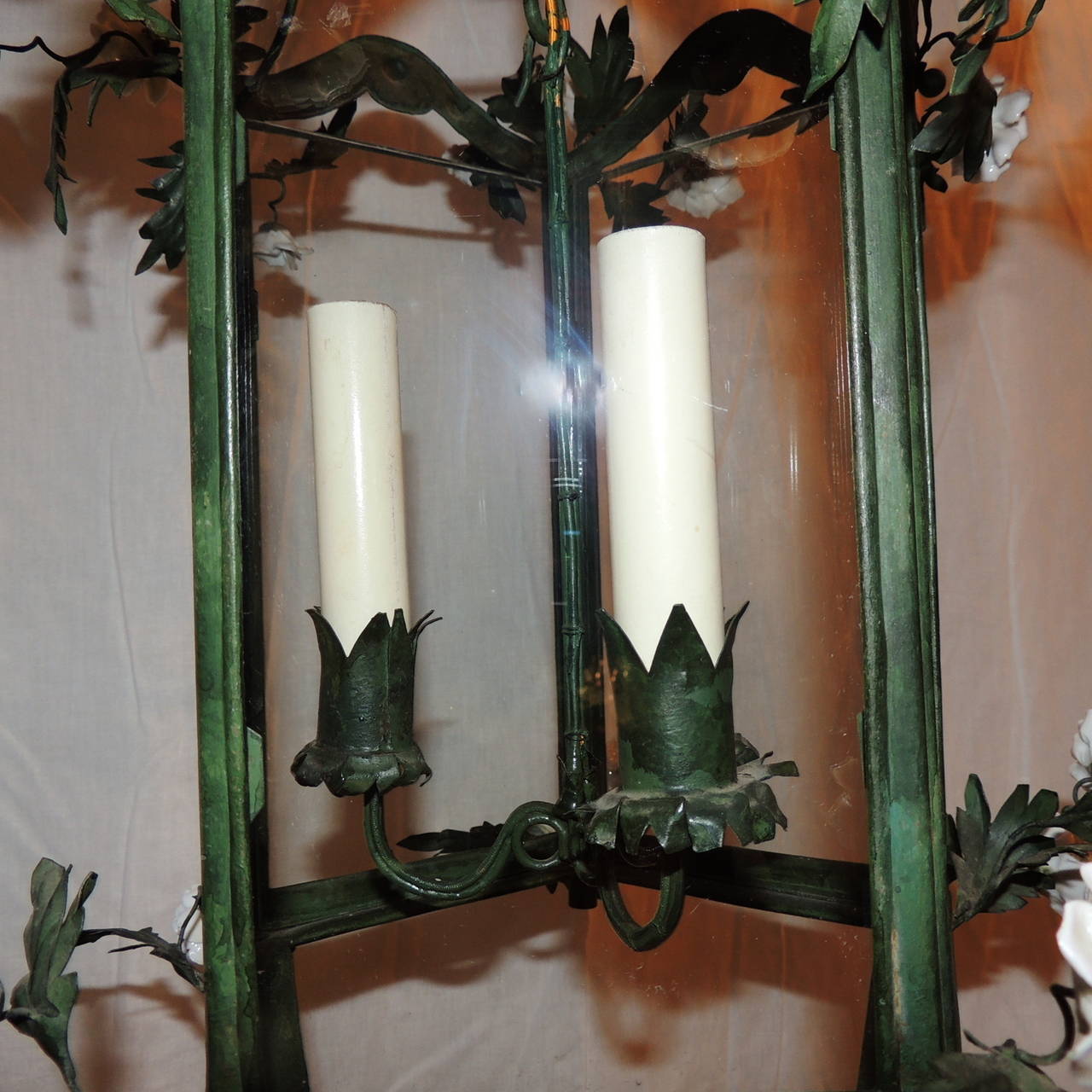 Wonderful French Green Tole Patina Lantern Three Lights and Porcelain Flowers 1