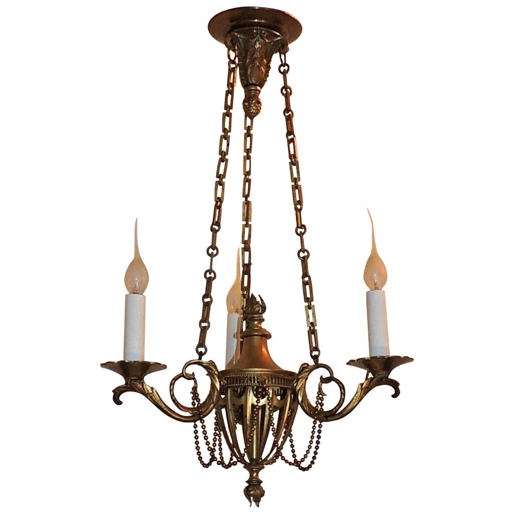 Neoclassical Three-Arm French Bronze Swag and Scroll-Arm Chandelier