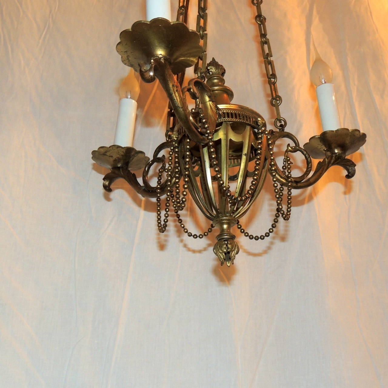 Neoclassical Three-Arm French Bronze Swag and Scroll-Arm Chandelier For Sale 4