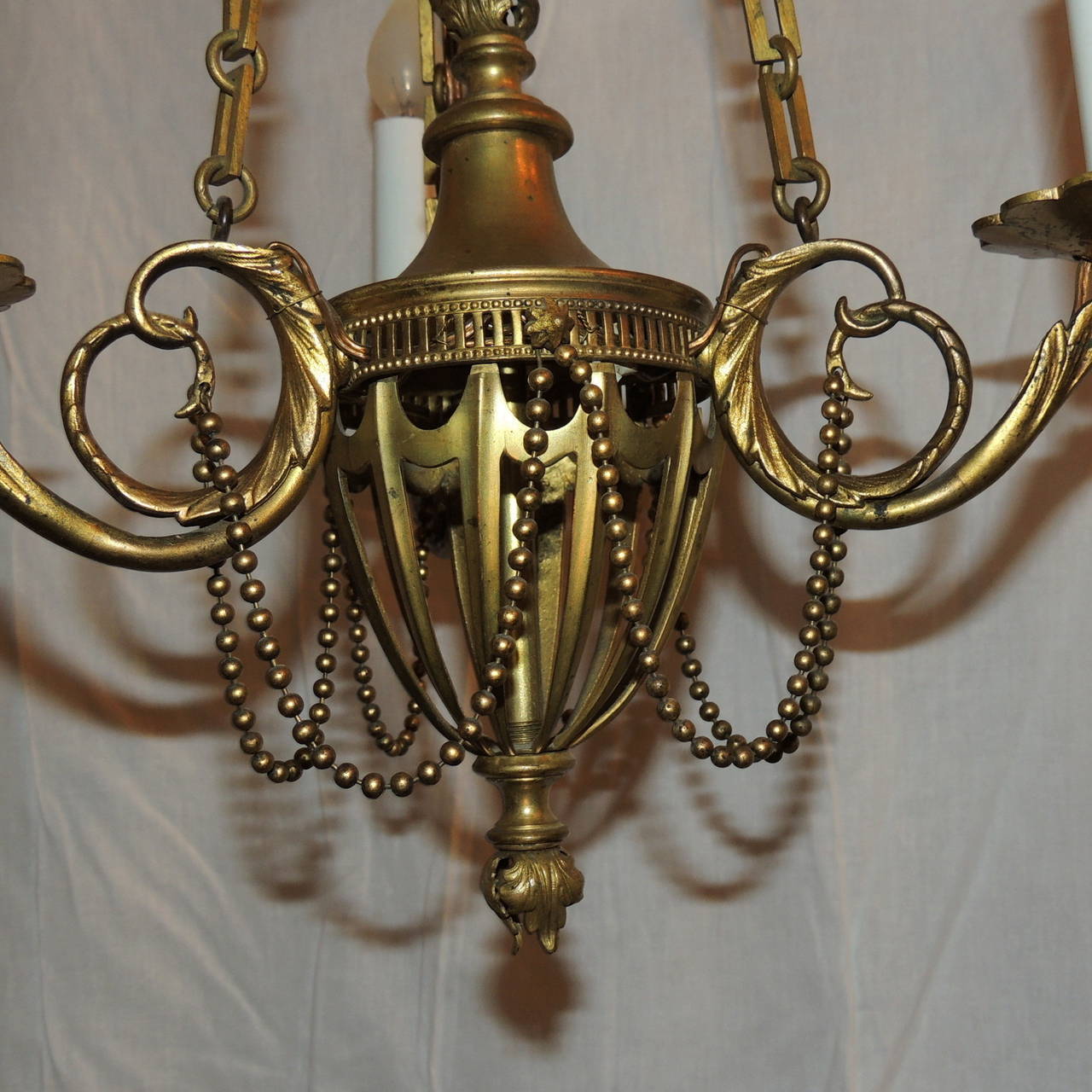 Neoclassical Three-Arm French Bronze Swag and Scroll-Arm Chandelier For Sale 2