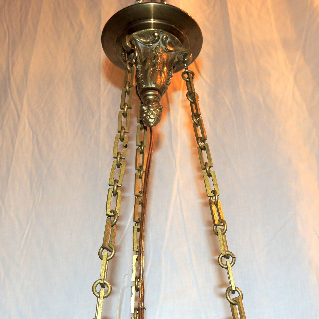 Neoclassical Three-Arm French Bronze Swag and Scroll-Arm Chandelier For Sale 1