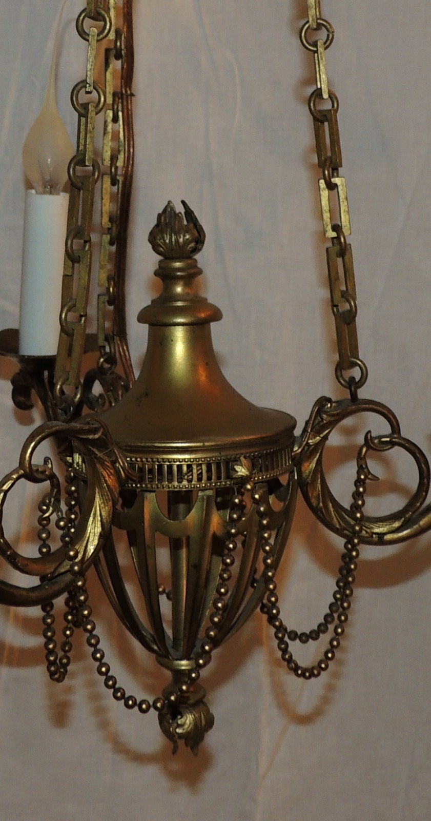 Neoclassical Three-Arm French Bronze Swag and Scroll-Arm Chandelier For Sale 3
