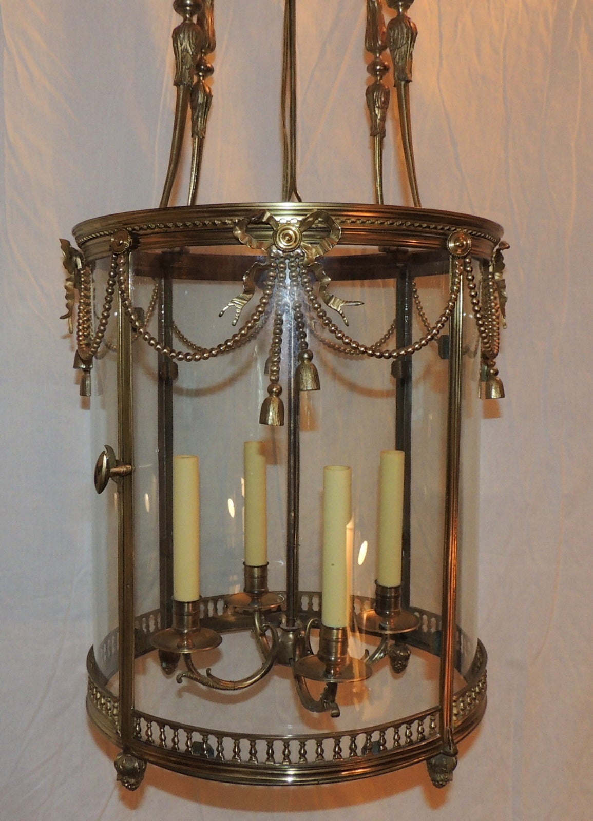Adam Style French Ormolu Bronze Large Bow, Ribbon and Tassel -Four Light Lantern with Door