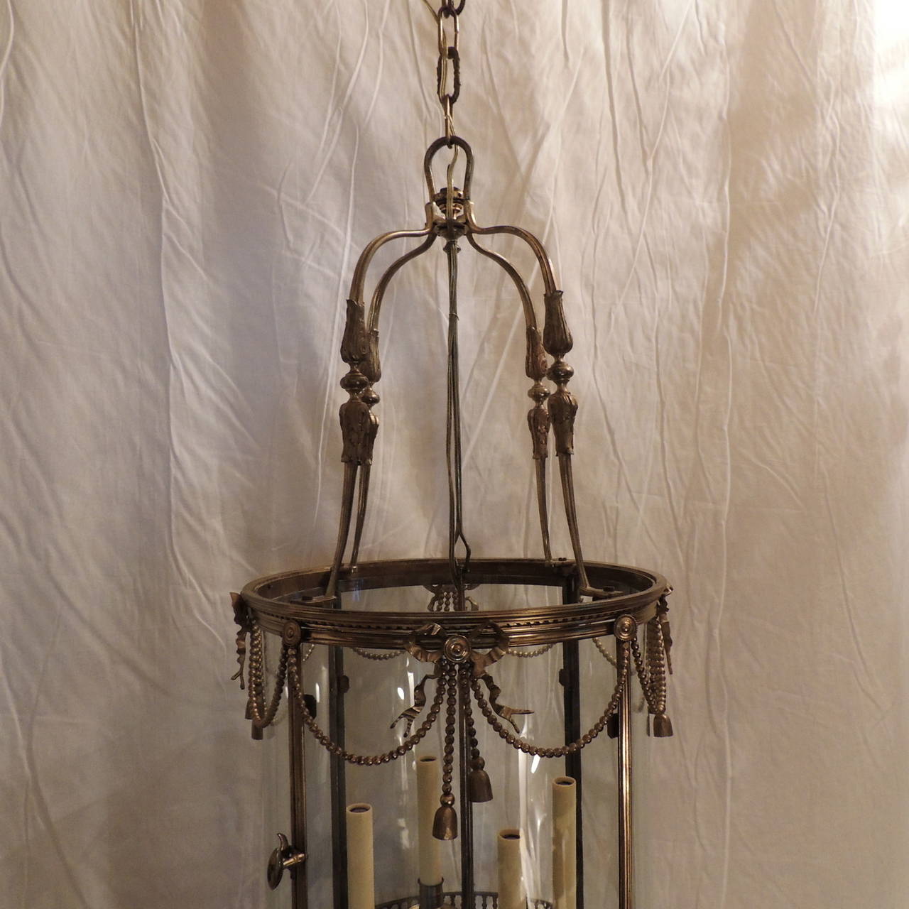 Gilt French Ormolu Bronze Large Bow, Ribbon and Tassel -Four Light Lantern with Door