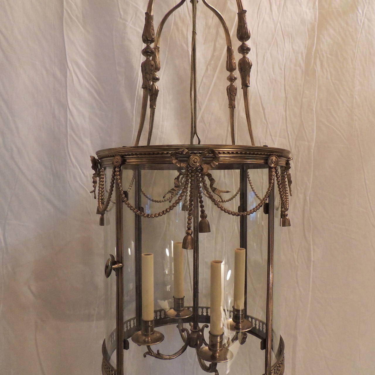 French Ormolu Bronze Large Bow, Ribbon and Tassel -Four Light Lantern with Door In Good Condition In Roslyn, NY