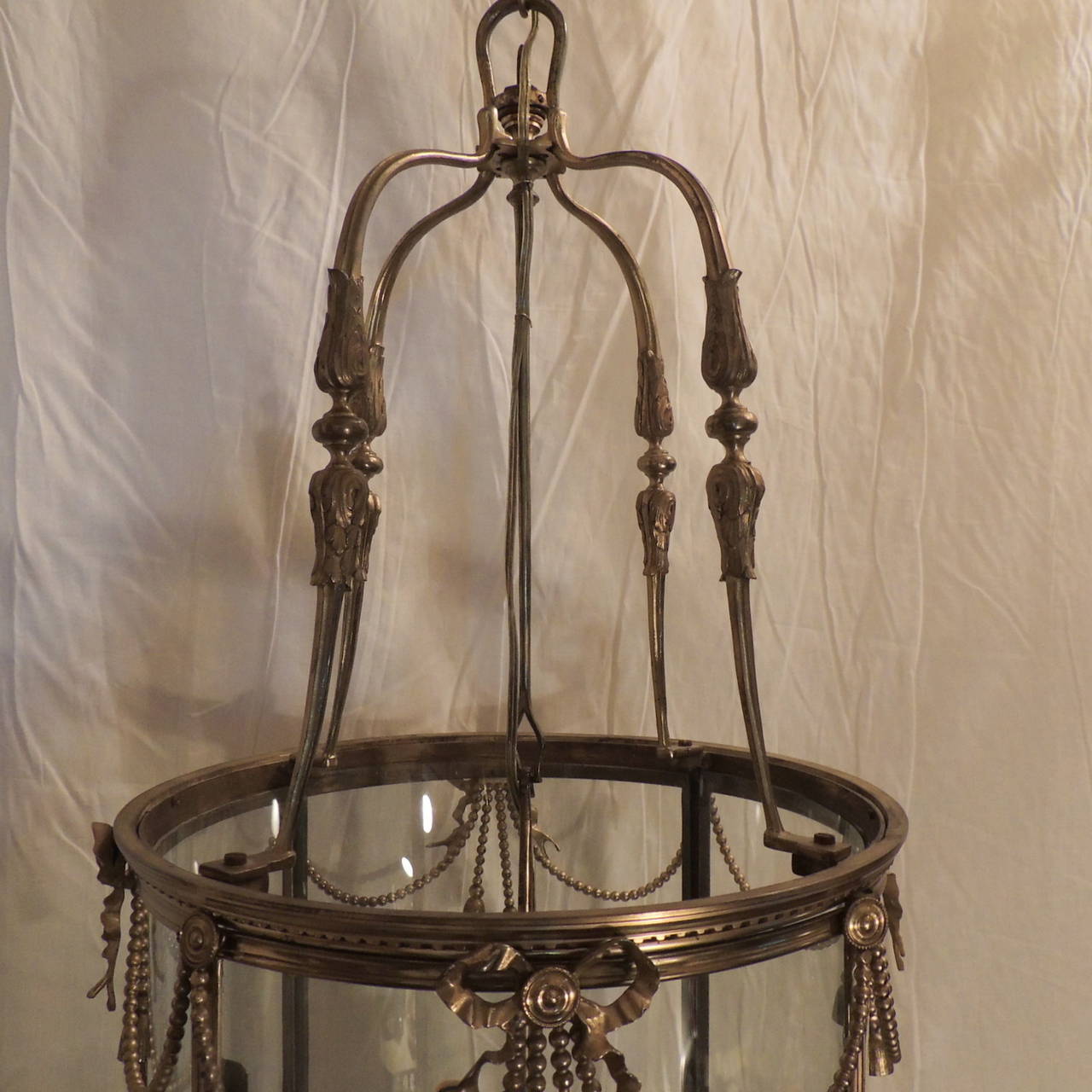 Mid-20th Century French Ormolu Bronze Large Bow, Ribbon and Tassel -Four Light Lantern with Door