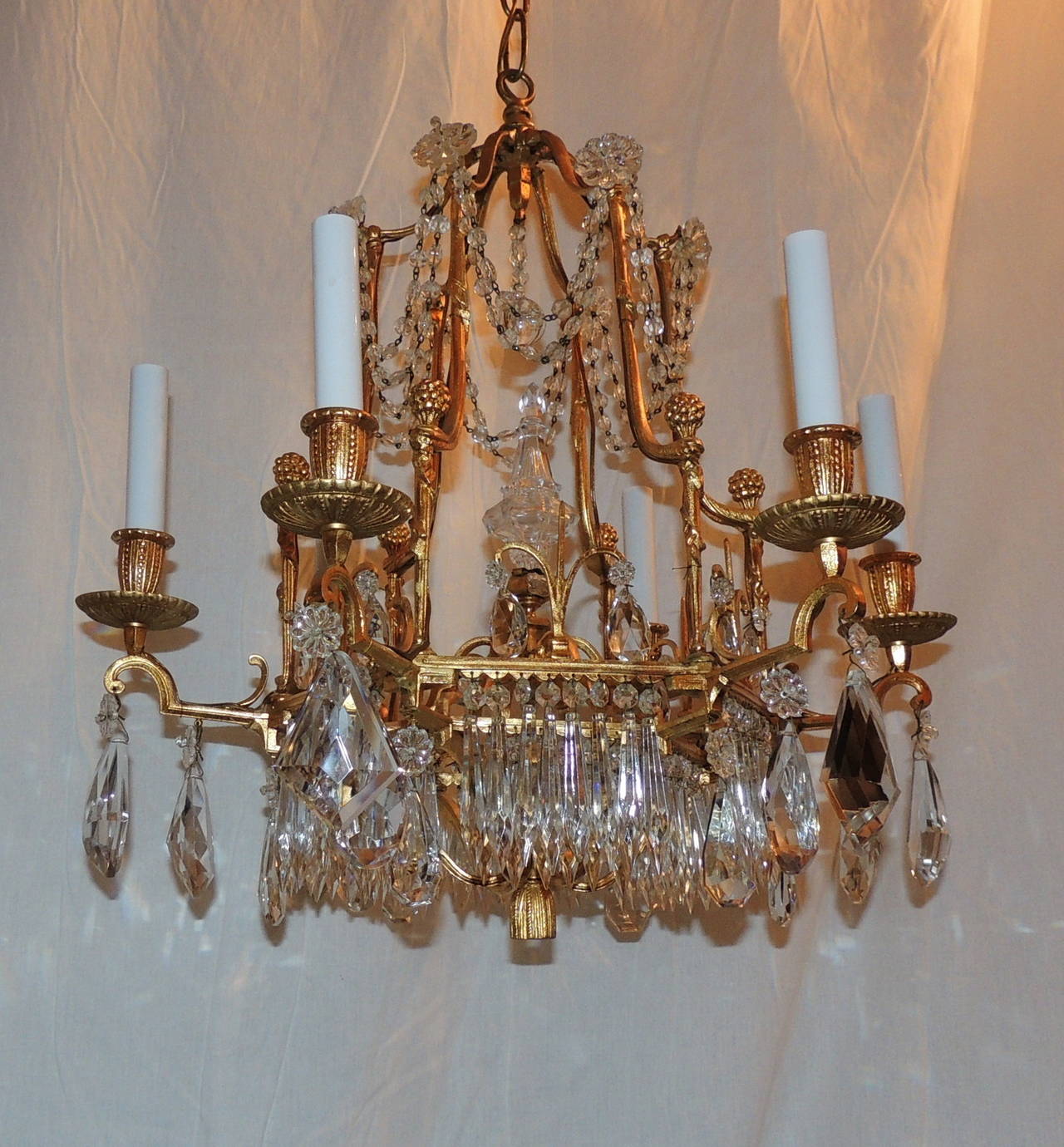 Wonderful Hexagon French Dore Bronze and Crystal Six-Light Bagues Chandelier