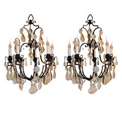 Vintage Wonderful French Pair Of Bagues Black Iron and Cut Crystal Six-Arm Chandeliers