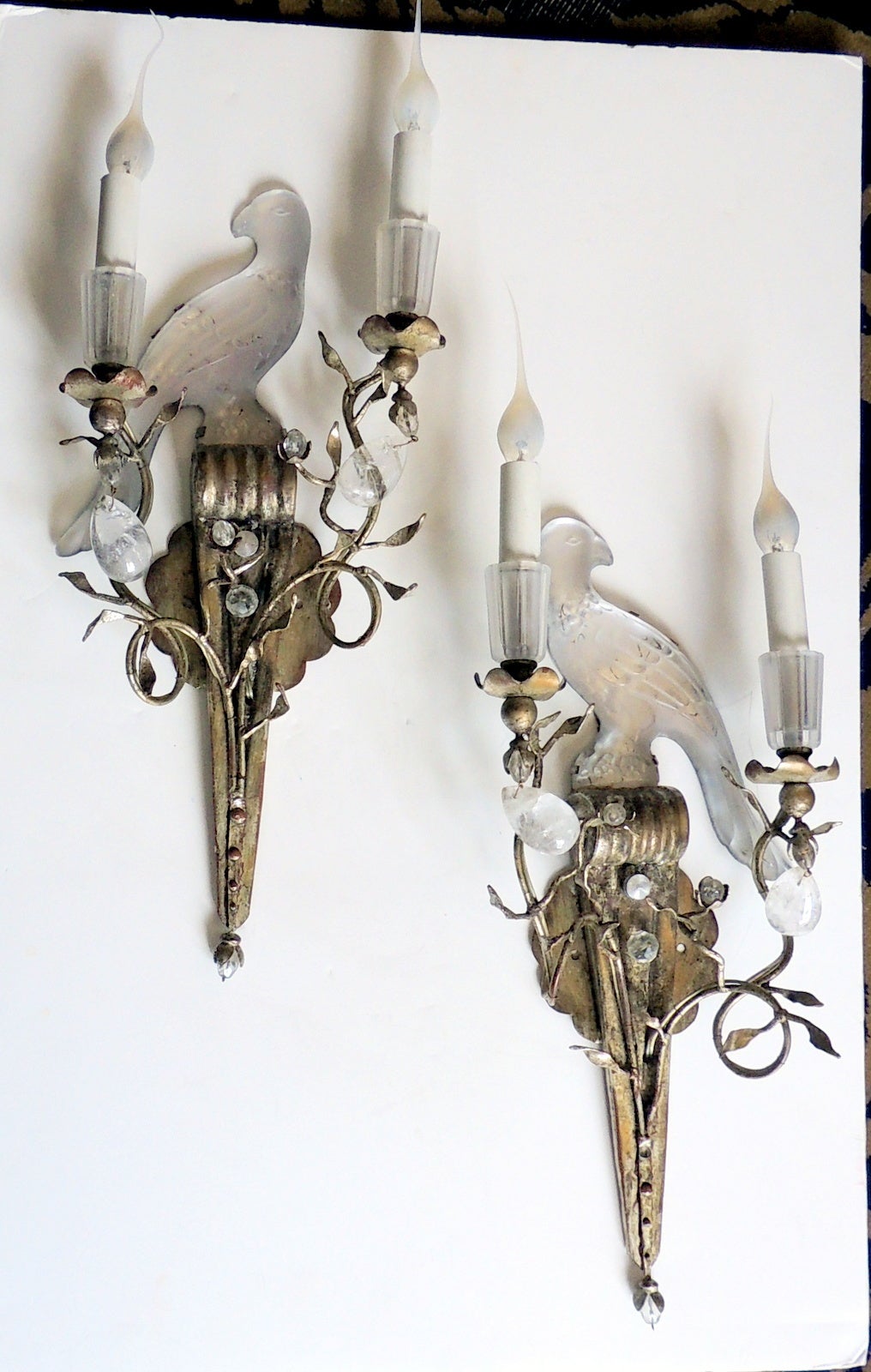 Pair of Vintage Crystal Bagues Silver Gilt Rock Crystal Bird Sconces