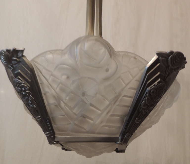 French Wonderful Art Deco Glass and Silvered Bronze Light Fixture Signed Degas For Sale