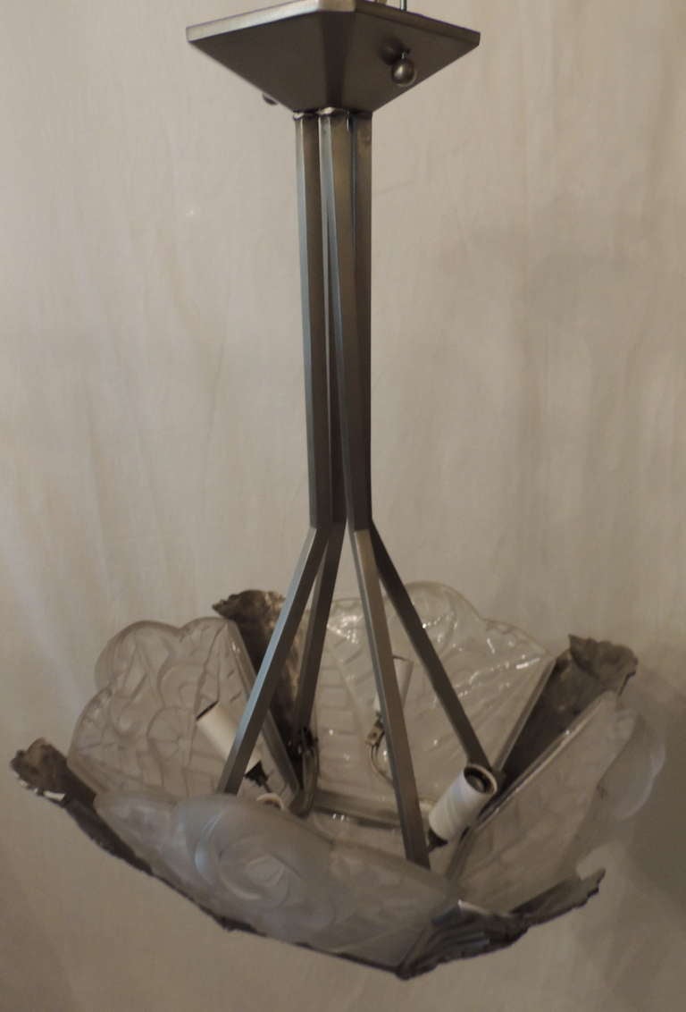 20th Century Wonderful Art Deco Glass and Silvered Bronze Light Fixture Signed Degas For Sale