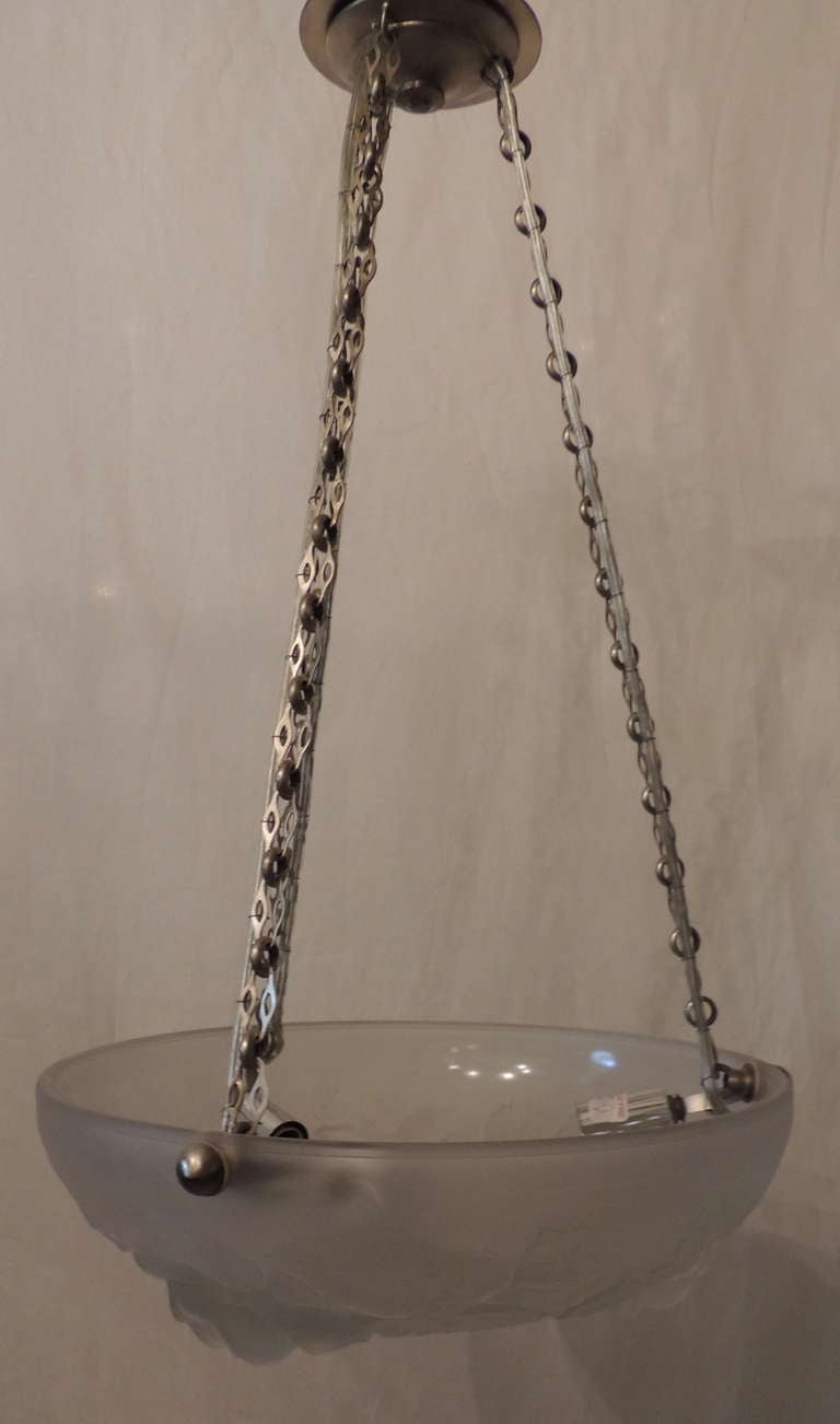 French Wonderful Art Deco Glass and Silvered Bronze Bowl Fixture