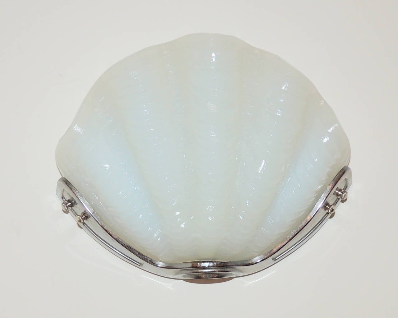 Wonderful Pair of Art Deco Modern Opaline Glass Polished Nickel Shell Sconces 6
