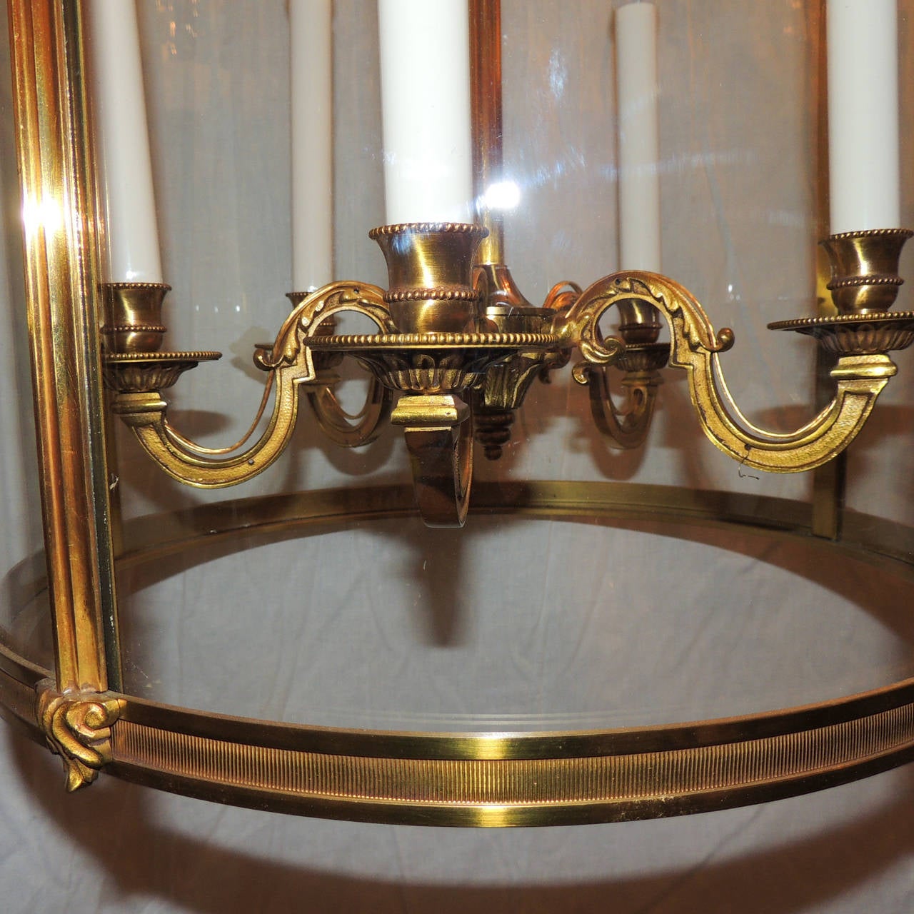 Gilt Elegant Dore Etched Bronze Louis XVI Large Lantern Fixture Curved Glass Panels