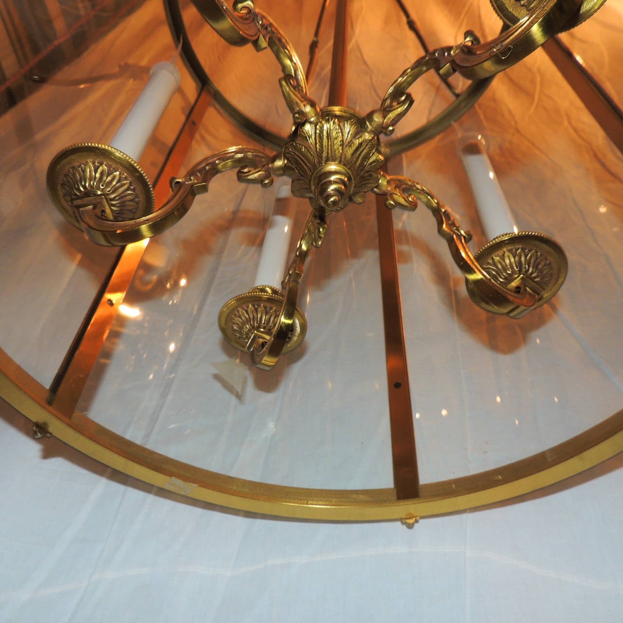 Mid-20th Century Elegant Dore Etched Bronze Louis XVI Large Lantern Fixture Curved Glass Panels