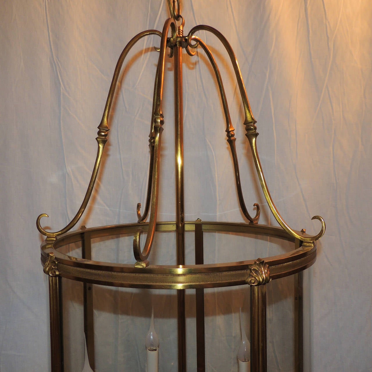 Italian Elegant Dore Etched Bronze Louis XVI Large Lantern Fixture Curved Glass Panels