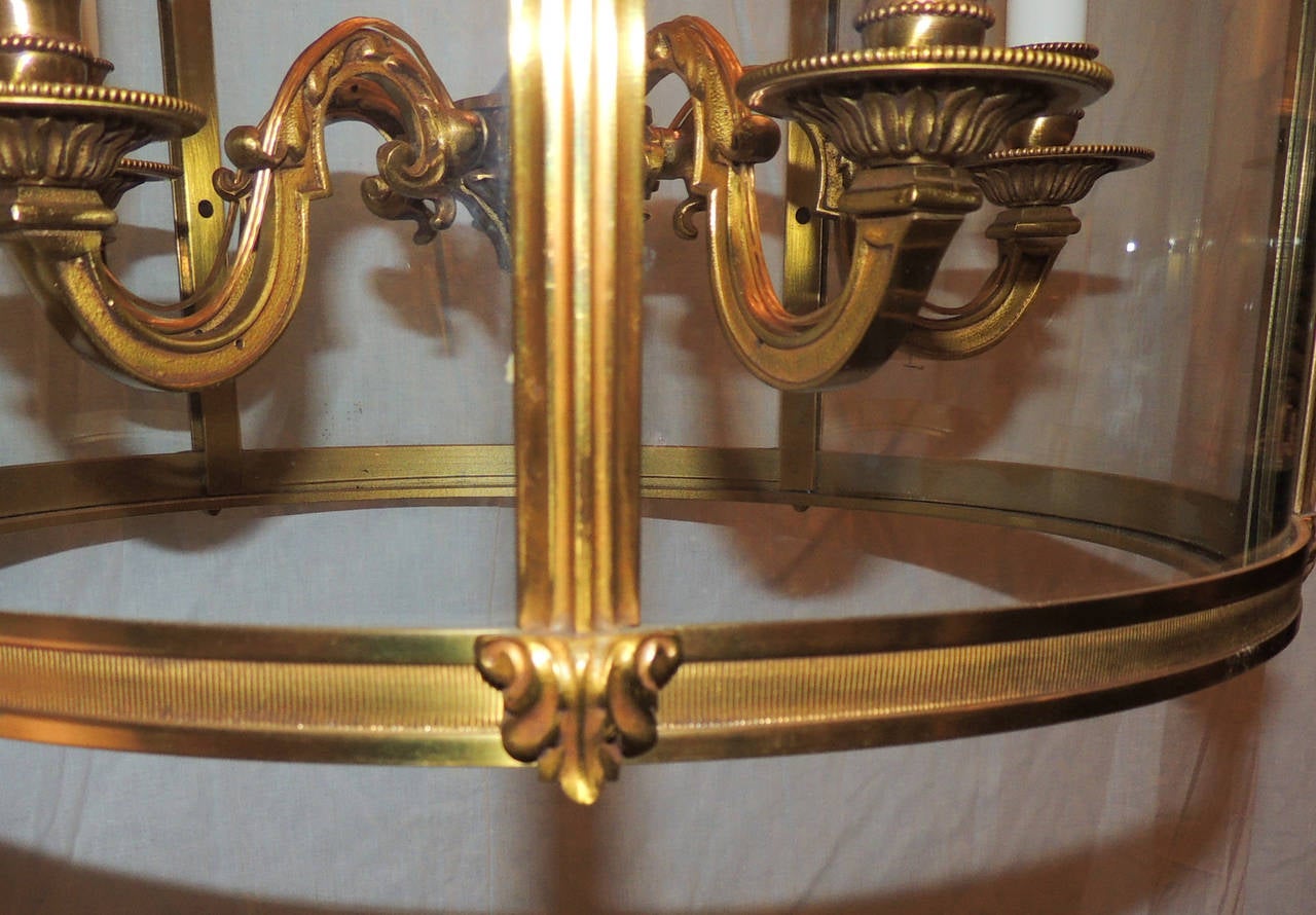 Elegant Dore Etched Bronze Louis XVI Large Lantern Fixture Curved Glass Panels In Good Condition In Roslyn, NY