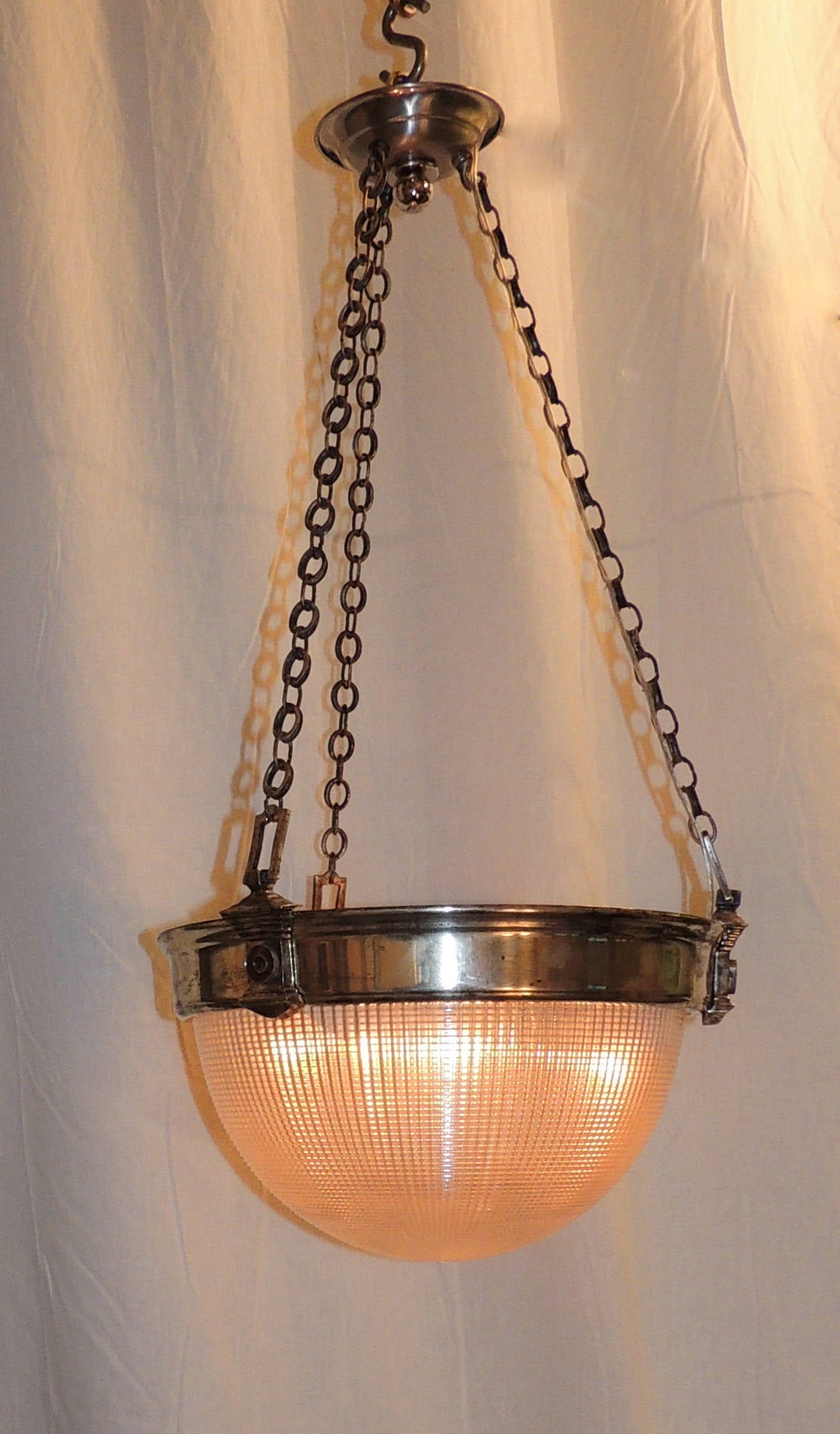 Frosted Vintage Holophane Glass Silvered Bronze Nickel Chrome Chandelier Fixture Pendent