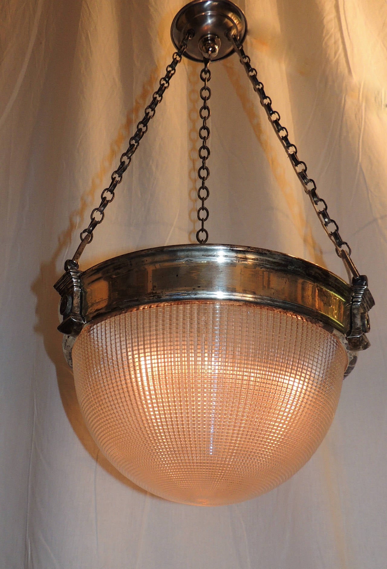 Vintage Holophane Glass Silvered Bronze Nickel Chrome Chandelier Fixture Pendent In Good Condition In Roslyn, NY