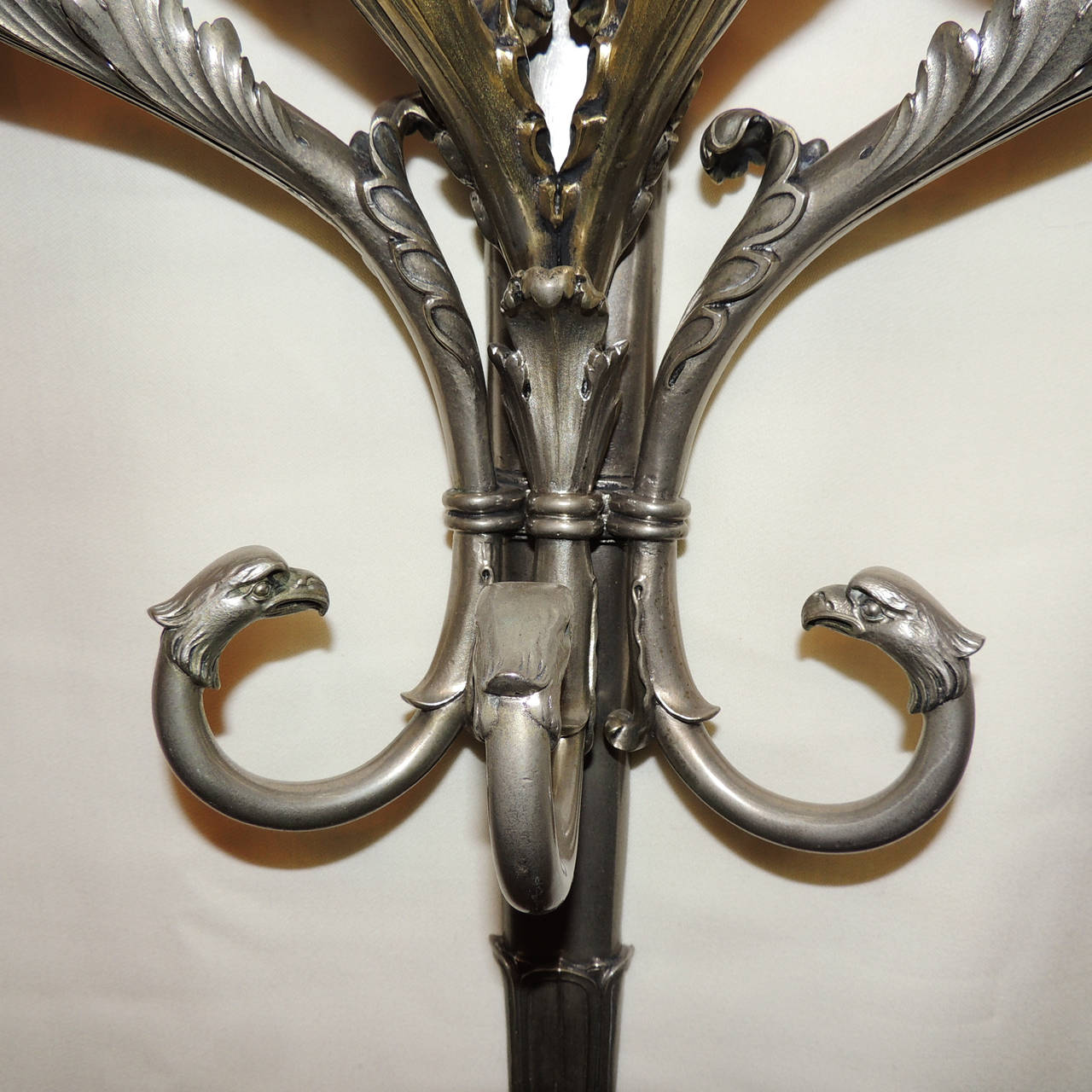 Wonderful Pair of Neoclassical Empire Silvered Bronze Eagle Head Sconces 4