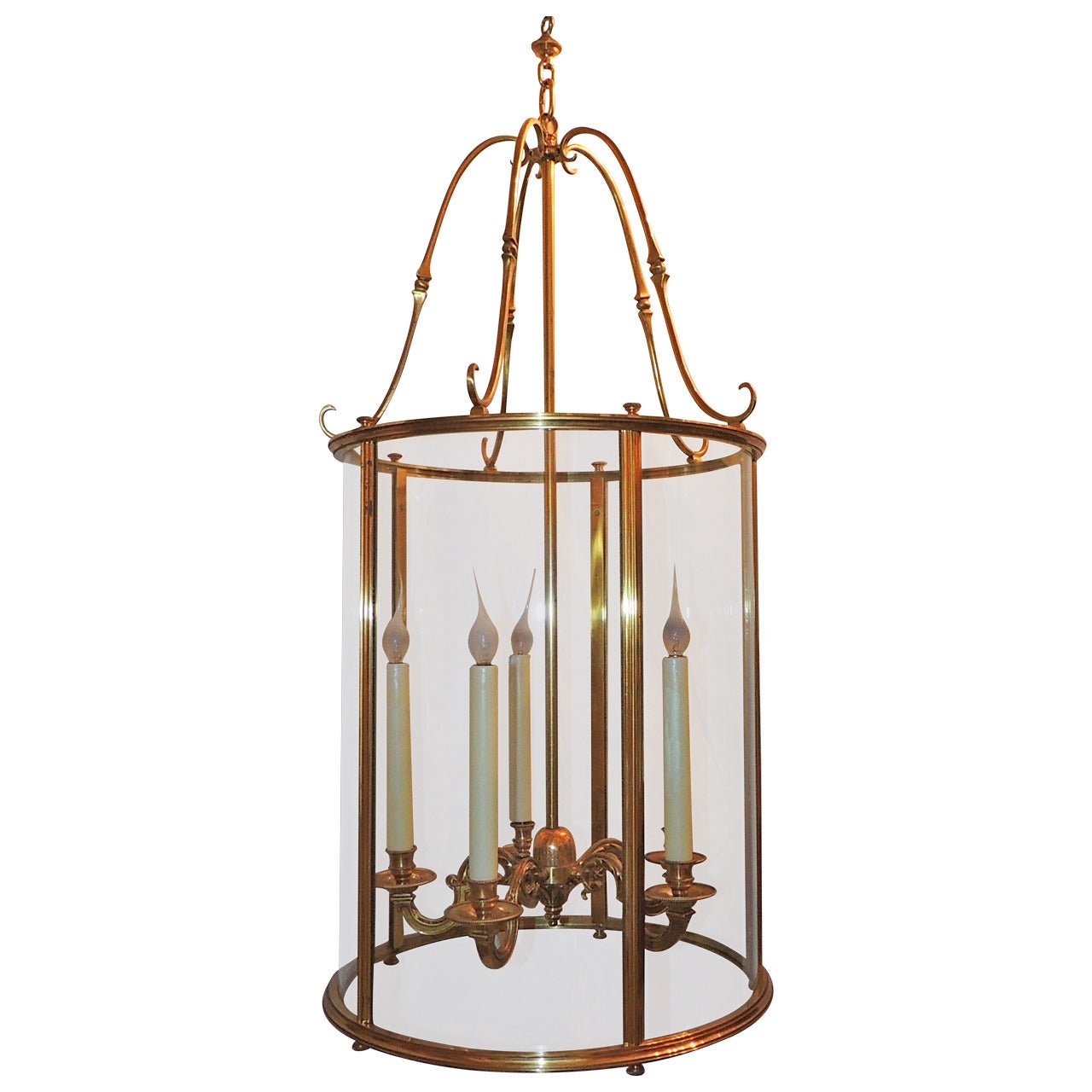 Wonderful Gilt Bronze Louis XVI Large Lantern Fixture with Curved Glass Panels