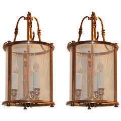 Vintage Wonderful Pair Gilt Bronze Louis XVI Lantern Fixtures with Curved Glass Panels