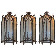 Amazing Set of Three Victorian Gothic Tudor Silvered Lantern Chandelier Fixtures