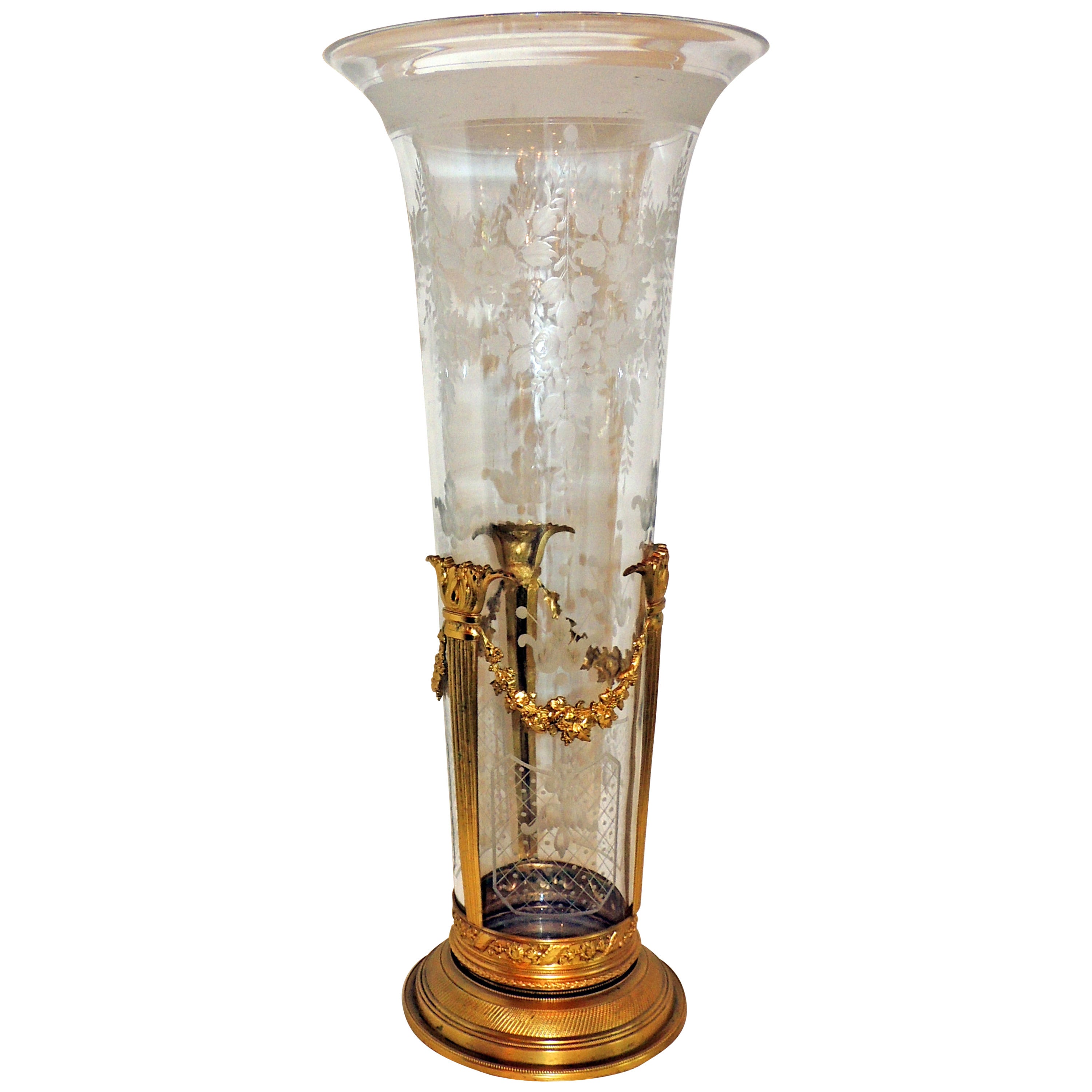Wonderful French Dore Bronze Ormolu Mounted and Etched Crystal Vase Centerpiece