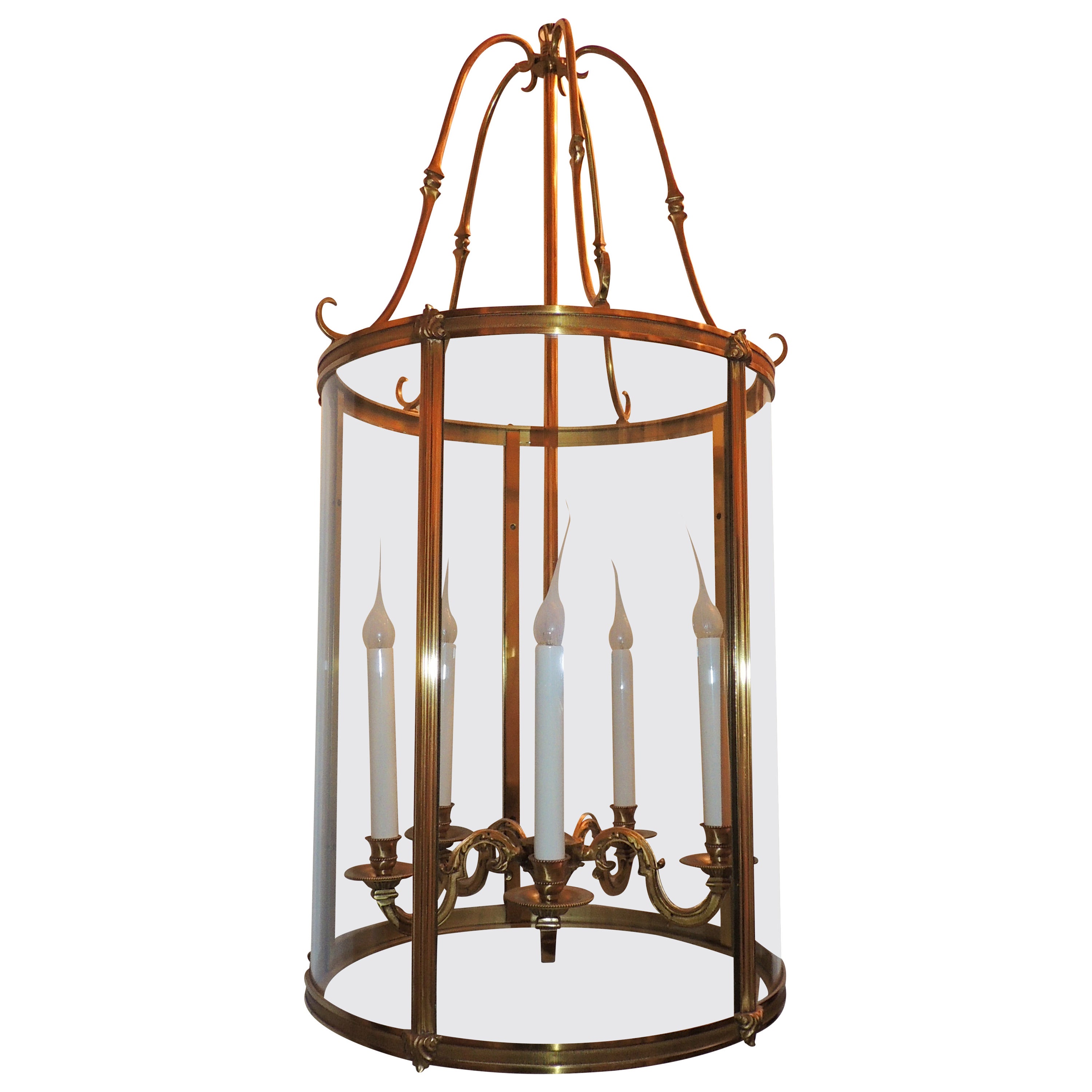 Elegant Dore Etched Bronze Louis XVI Large Lantern Fixture Curved Glass Panels