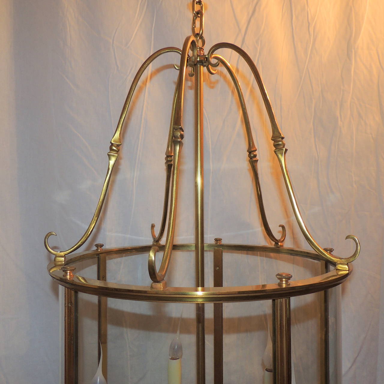 Italian Wonderful Gilt Bronze Louis XVI Large Lantern Fixture with Curved Glass Panels