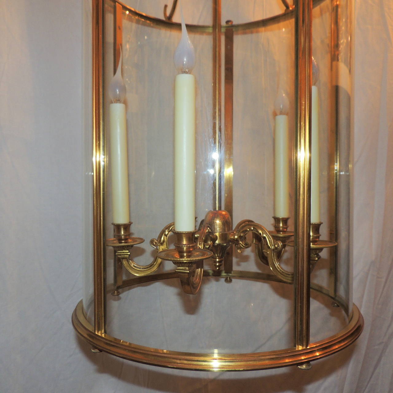 Wonderful Gilt Bronze Louis XVI Large Lantern Fixture with Curved Glass Panels In Good Condition In Roslyn, NY