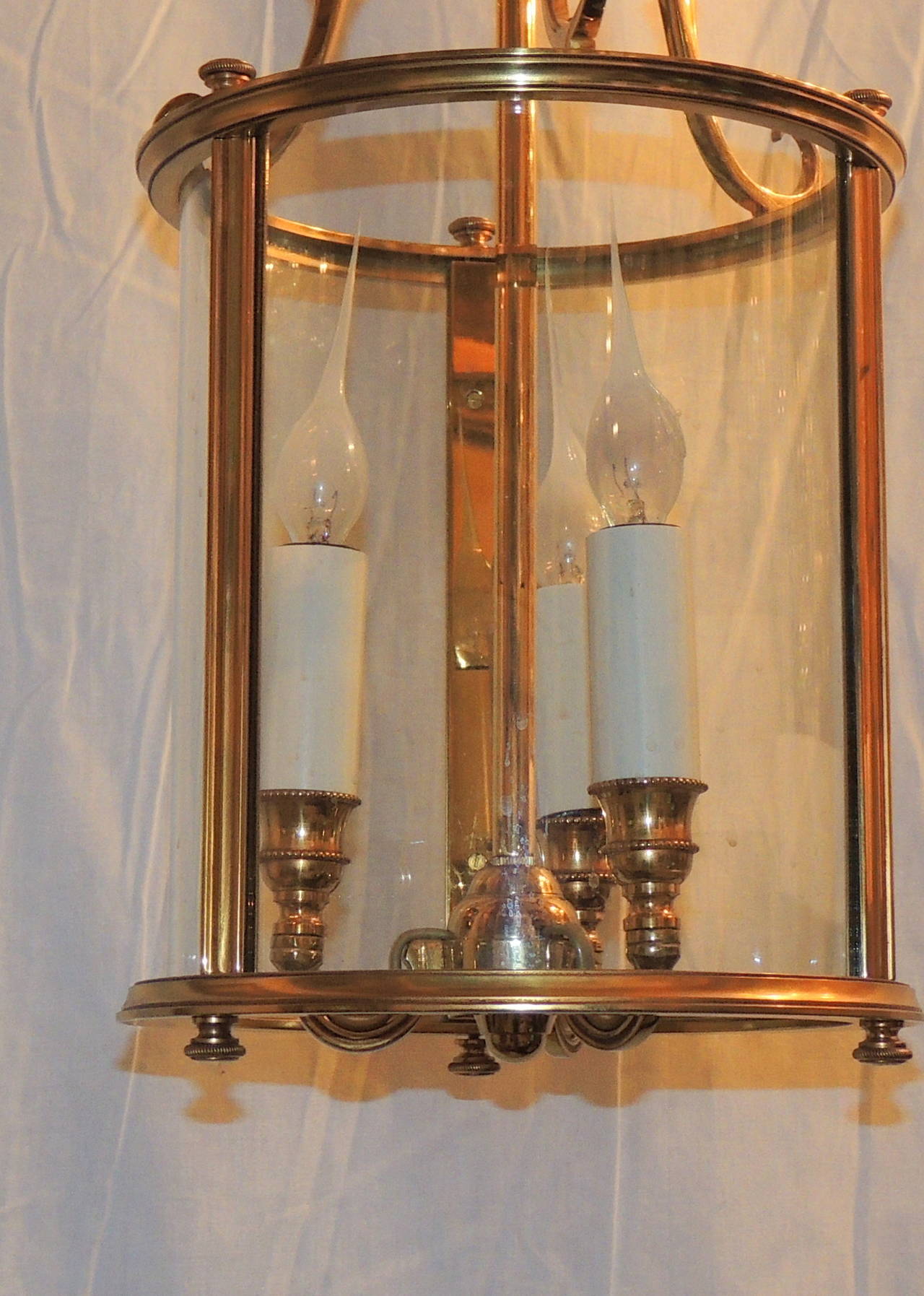 Mid-20th Century Wonderful Pair Gilt Bronze Louis XVI Lantern Fixtures with Curved Glass Panels