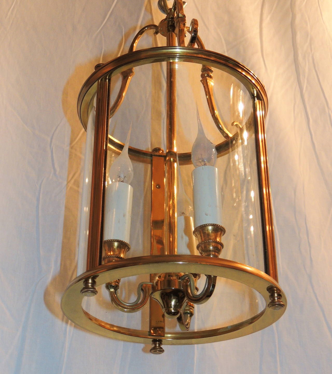 Wonderful Pair Gilt Bronze Louis XVI Lantern Fixtures with Curved Glass Panels 2