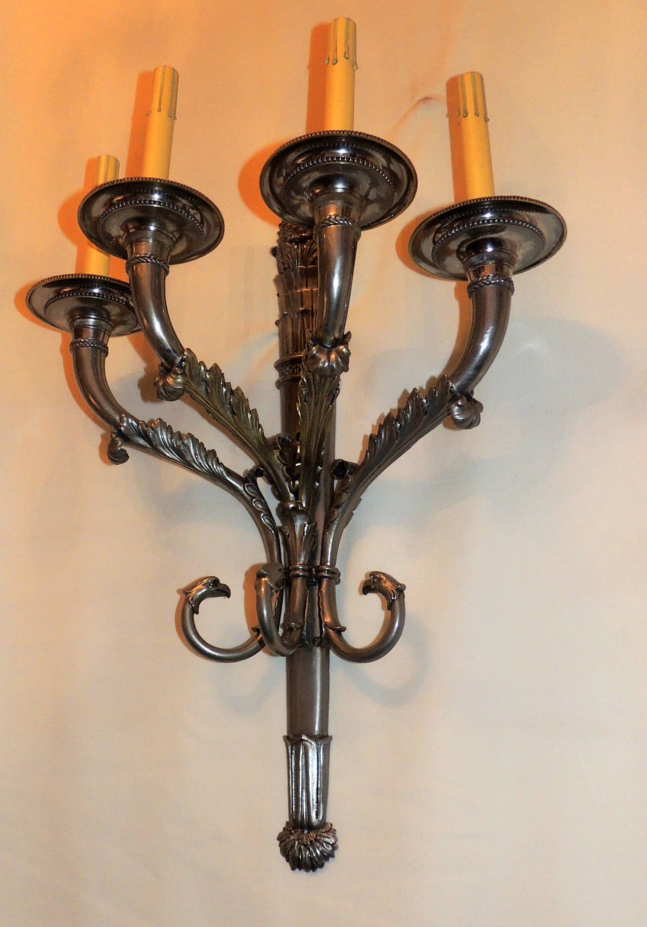 Wonderful Pair of Neoclassical Empire Silvered Bronze Eagle Head Sconces 5