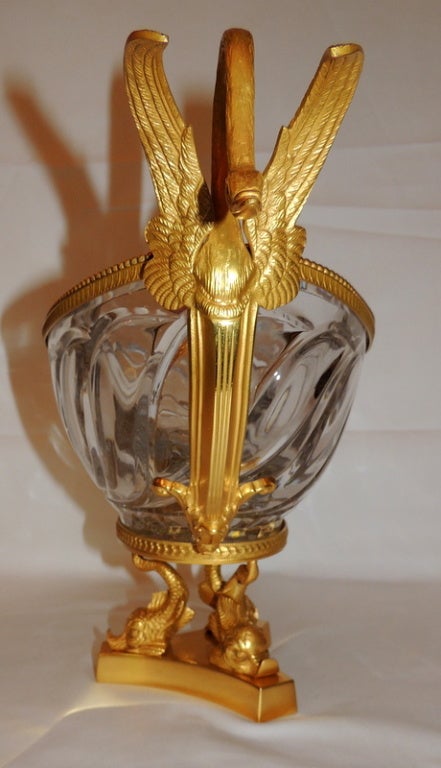 Gilt A Substantial Ormolu Dore Bronze & Signed Cut Crystal Swan Centerpiece