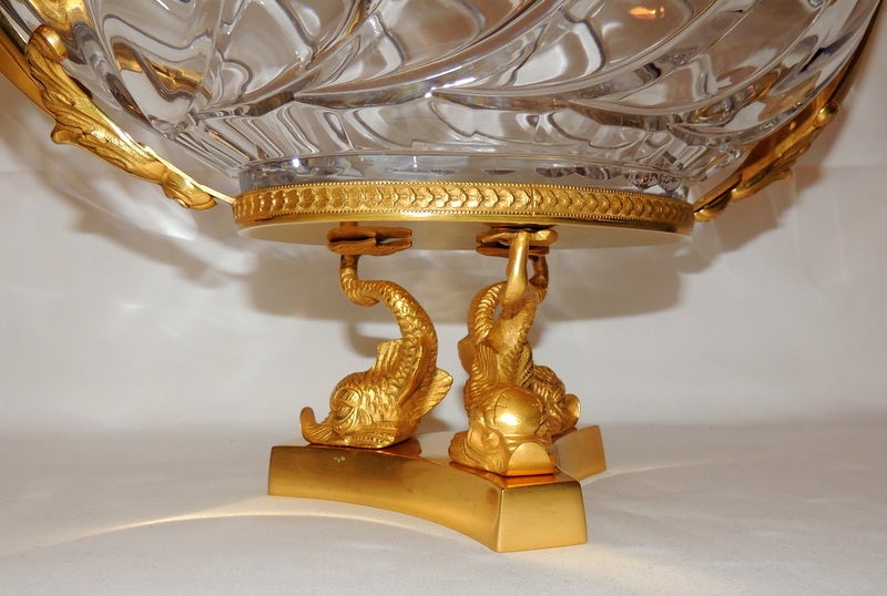 Mid-20th Century A Substantial Ormolu Dore Bronze & Signed Cut Crystal Swan Centerpiece